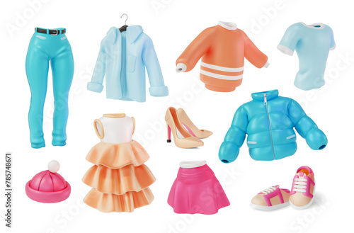 3d Different Clothing Concept Cartoon Design Style Include of Pair Shoes, Hat, Jeans Dress with Ruffles, Beige High Heels, Sweater and Down Jacket. Vector illustration