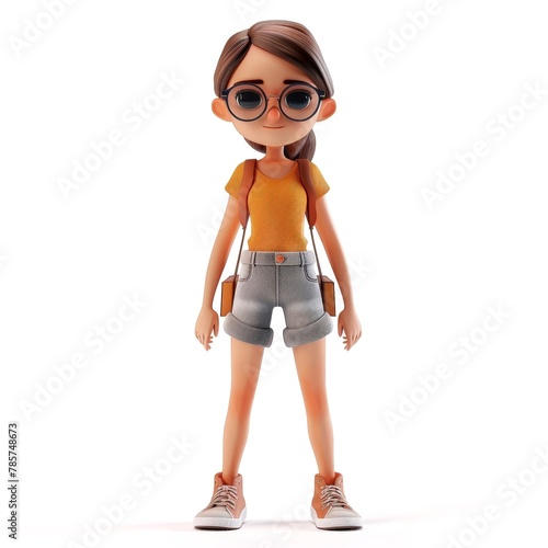 Cheerful young tourist girl with backpack and camera isolated on white background. A charming young girl with brown hair styled in braids is dressed in a bright yellow shirt and blue overalls.  photo
