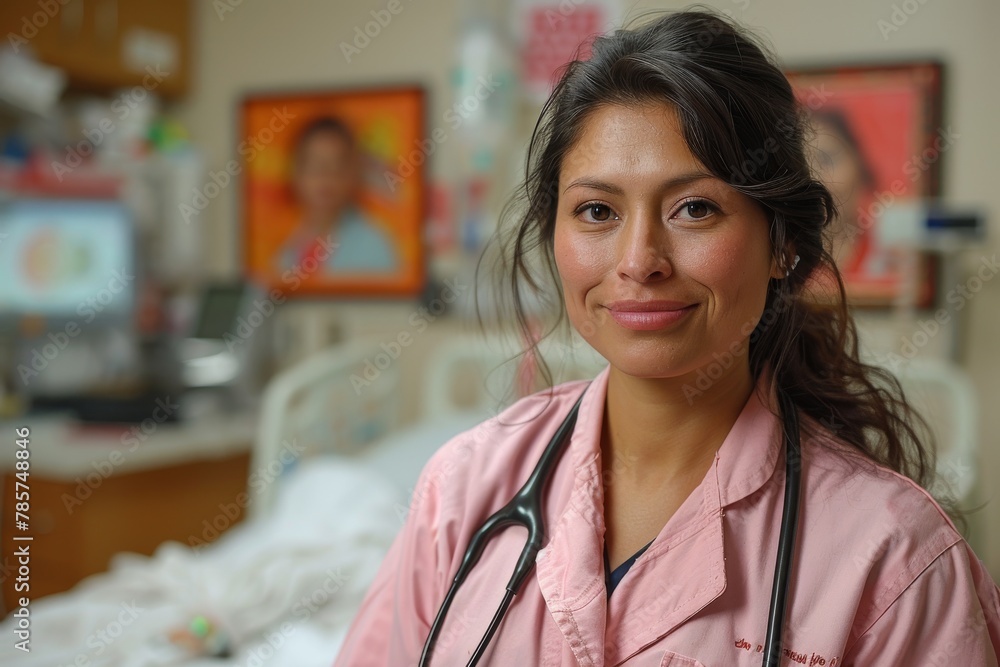 A female healthcare professional with a warm smile poses in her pink scrubs, suggesting care and compassion in a clinical setting A female healthcare professional with a warm smile poses in her pink scrubs, suggesting care and compassion in a clinical setting