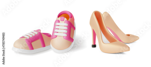 3d Bright Beige Heels and Sneakers Cartoon Design Style Women Shoes Concept Isolated on a White Background. Vector illustration