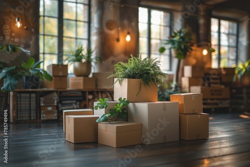 Houseplants adorn neatly packed moving boxes in a modern, well-lit room, suggesting a fresh start or relocation © Larisa AI