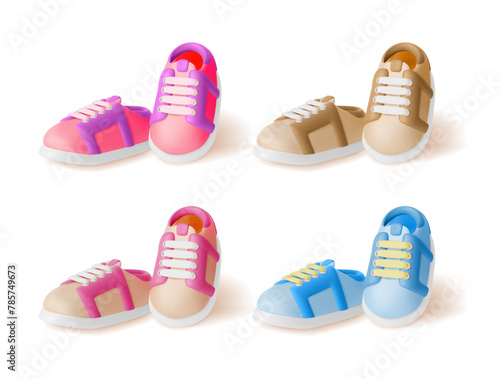 3d Different Color Pair Shoes Footwear Cartoon Design Style Fashion Casual Concept. Vector illustration of Sneakers