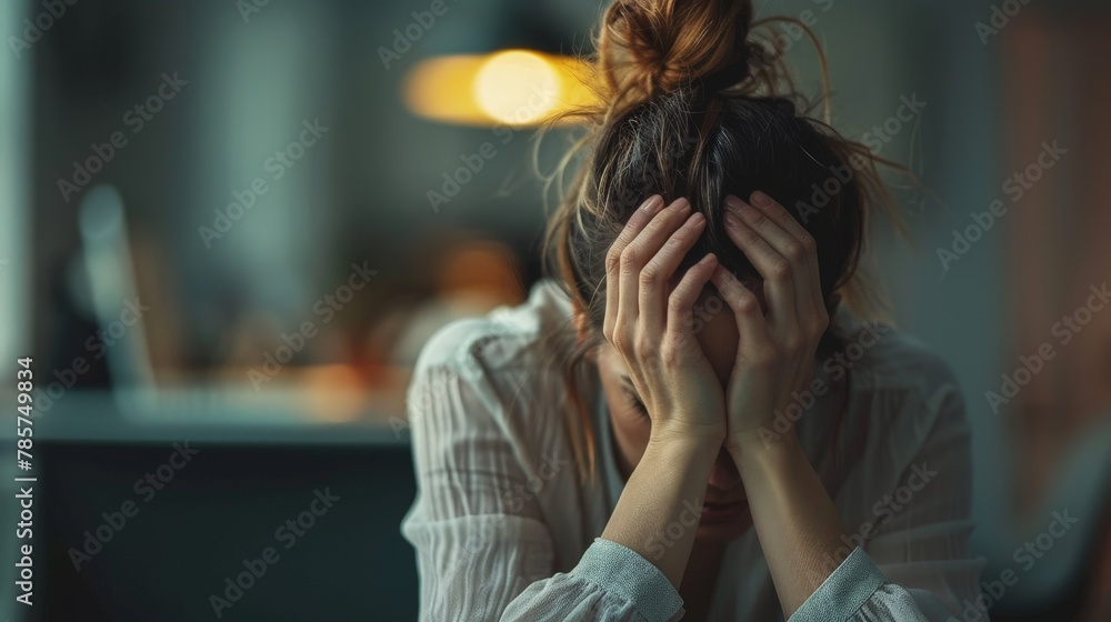 a blonde haired women sitting at her desk, migraine headache, checking finances on computer