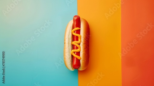 Classic Hot Dog with Mustard on a Colorful Background.
