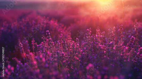 Wide field of lavender in summer sunset  panorama blur background. Autumn or summer lavender background. Shallow depth of field.