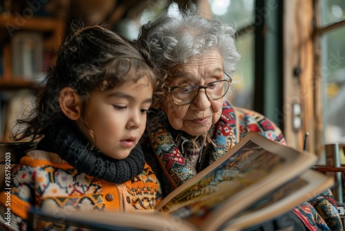A heartwarming image of a grandmother and her young granddaughter reading a book together intently