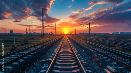 A train track with a sunset in the background