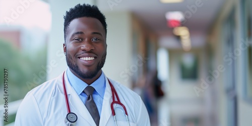 Confident African American male doctor smiling warmly, in medical office background. photo