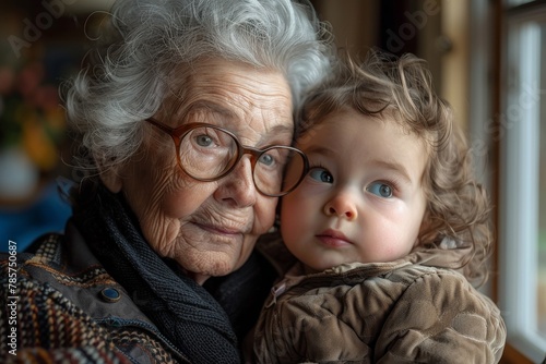 An elderly woman with glasses holds a toddler, both looking to the camera, showcasing a multigenerational bond