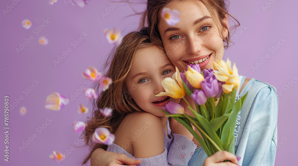 Playful and affectionate moment between mother and daughter with a fresh bouquet of tulips, celebrating Mother's Day against a purple backdrop.
Playful and affectionate moment between mother and daughter with a fresh bouquet of tulips, celebrating Mother's Day against a purple backdrop.