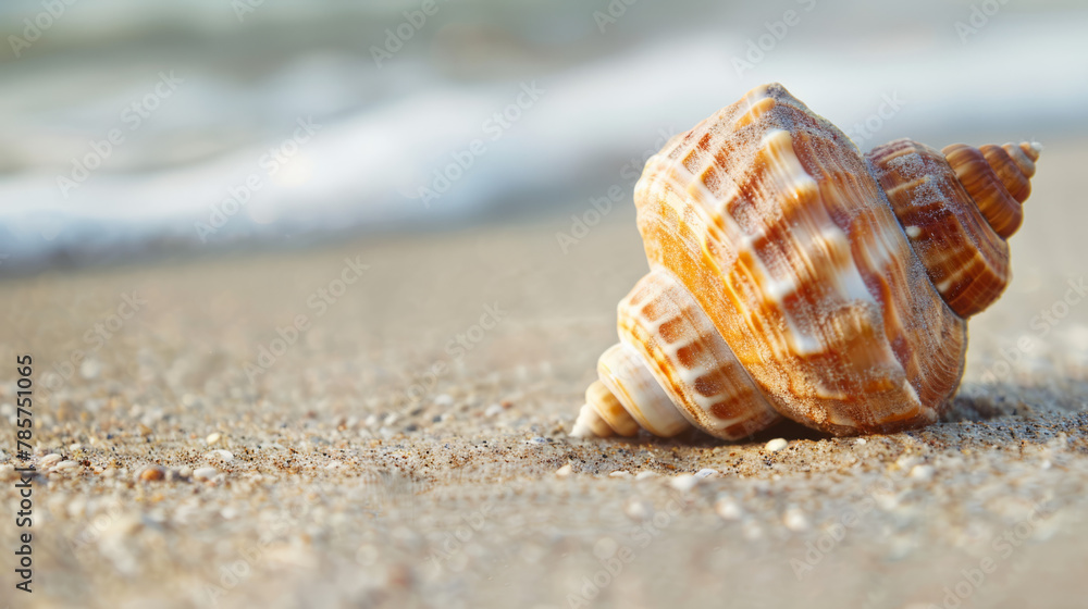 Close-up of a single, pristine seashell on a sandy beach. Close-up of a single, pristine seashell on a sandy beach.