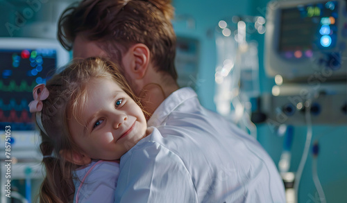 Doctor hugging little girl in hospital room. Smiling young girl being held by a doctor