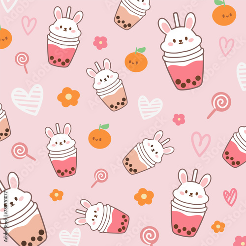 Seamless pattern with bunny rabbit bubble milk tea cups , orange , heart and lollipop candy on pink background