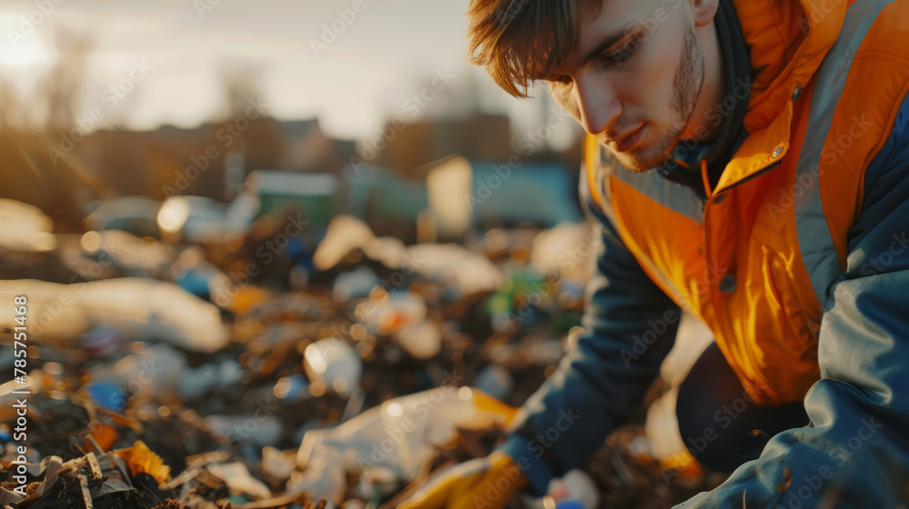 A close-up of a young volunteer cleaning up garbage, underscoring the global pollution issue. - obrazy, fototapety, plakaty 