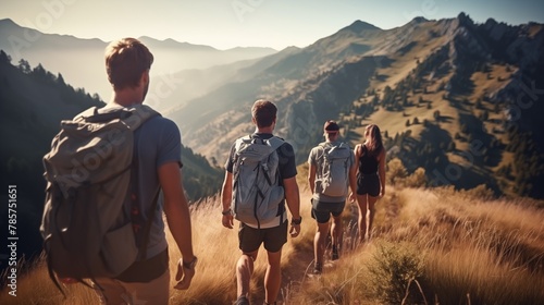 a candid photo of a family and friends hiking together in the mountains in the vacation trip week. sweaty walking in the beautiful american nature. photo