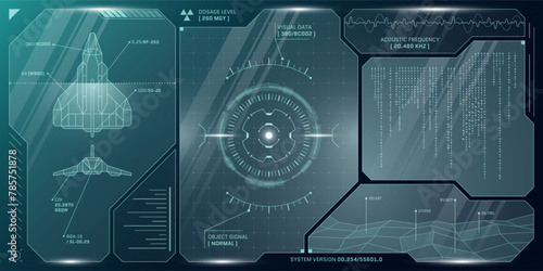 VR HUD futuristic control panel. Technology head up display target and command center UI screen. GUI digital virtual interface cyberspace hi tech visor design. FUI Sci Fi spaceship cockpit dashboard