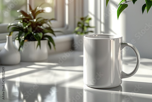 morning light illuminating a white coffee mug mockup on a table with green plants and modern decor