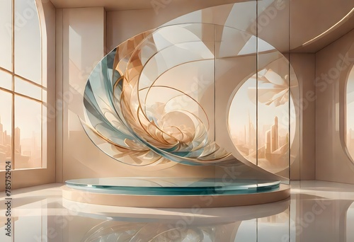 Elegant modern interior featuring transparent glass structures complemented by a beautifully designed wooden staircase and ornate details, generated with AI.