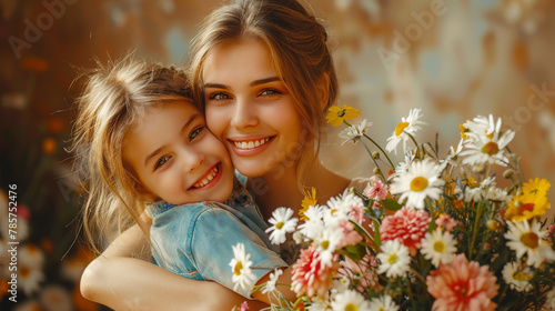 A radiant mother and her joyful daughter hug, surrounded by a lively array of wildflowers, celebrating the warmth of Mother's Day. 