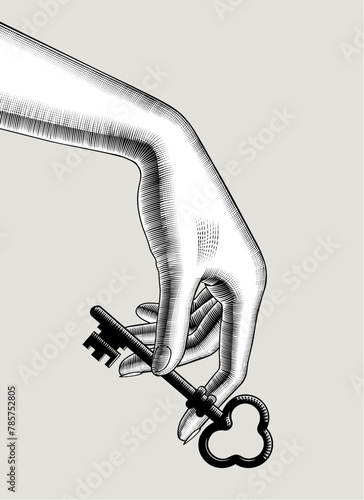 Woman's hand with an antique iron key in her fingers. Vintage black and white engraving stylized drawing. Vector illustration
