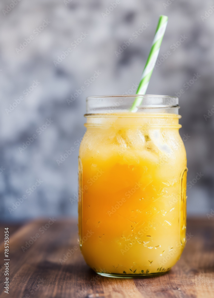 Fototapeta premium Close-up of a mason jar filled with pineapple ginger cooler. AI generated.