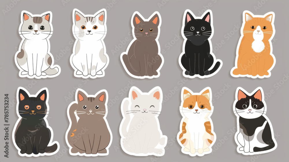 Cat portrait stickers with a selection of adorable cat breeds on a clean background. Cat portrait stickers with a selection of adorable cat breeds on a clean background.