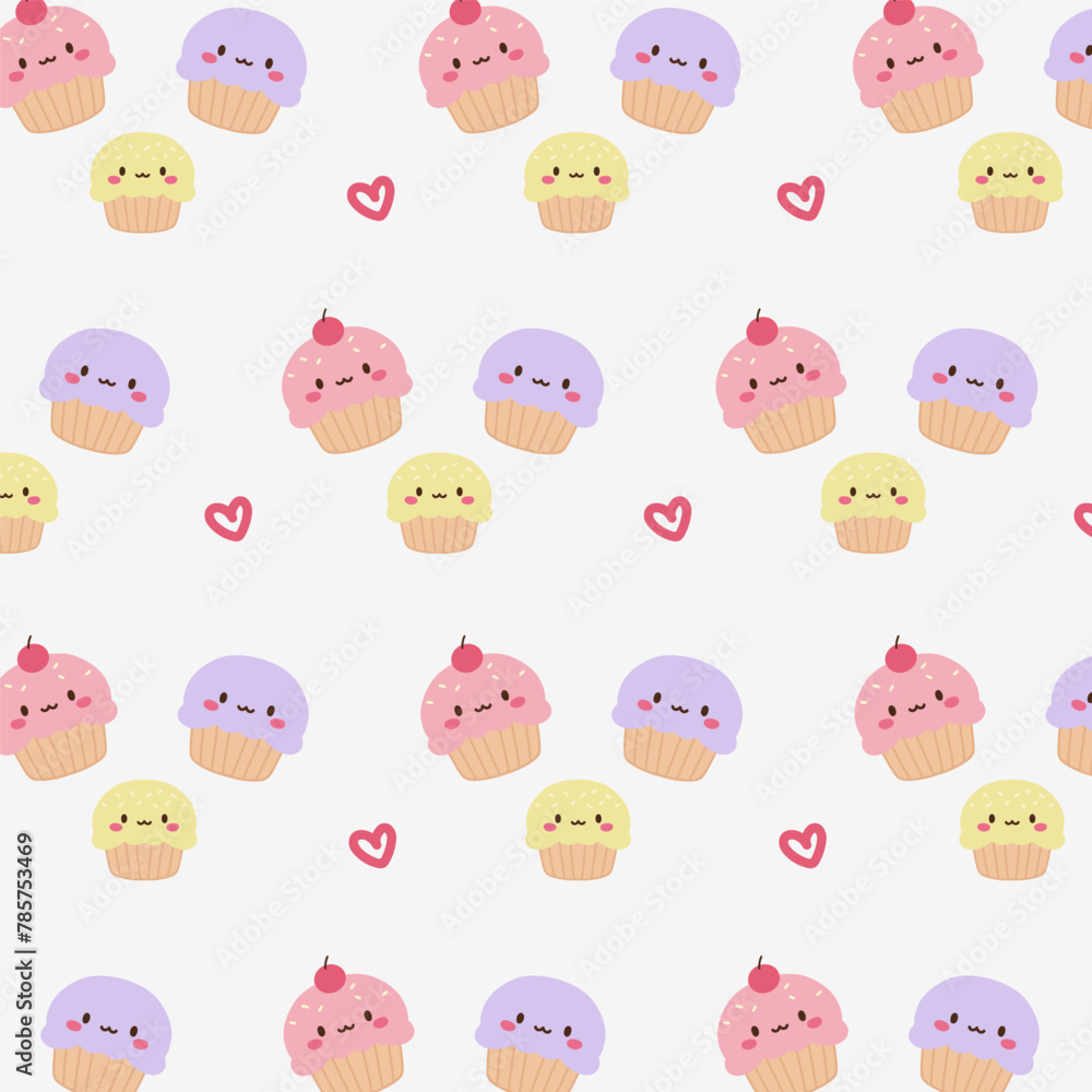 Seamless pattern with cupcake with heart on soft background