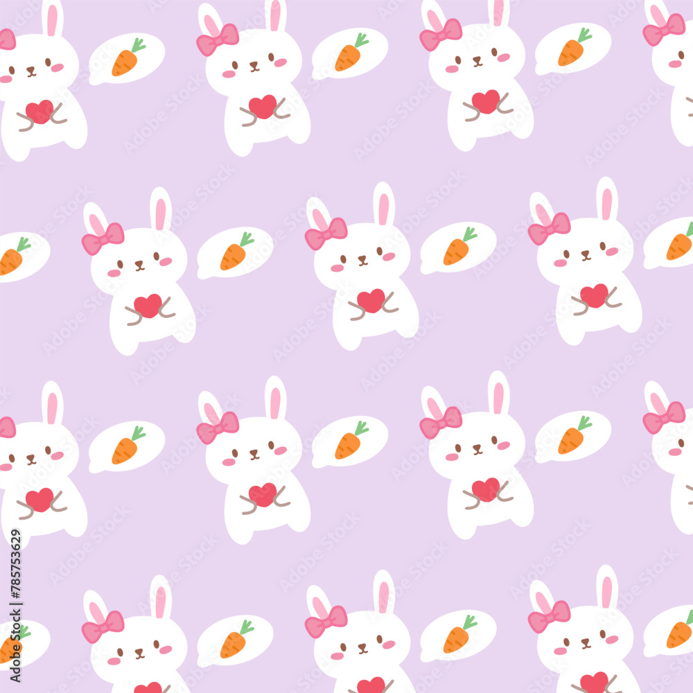 Seamless pattern with bunny rabbit cartoons, heart, cute carrot on violet background vector illustration. Seamless pattern with bunny rabbit cartoons, heart, cute carrot on violet background vector illustration.