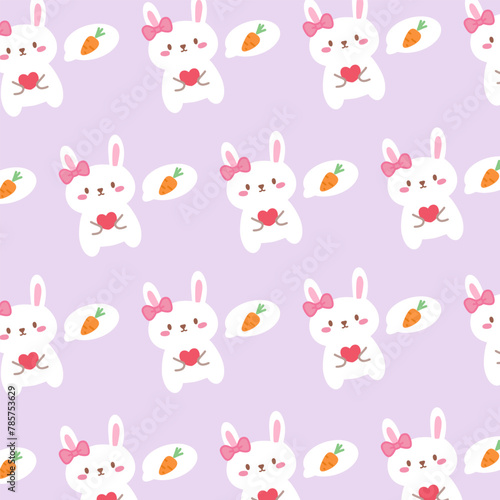 Seamless pattern with bunny rabbit cartoons  heart  cute carrot on violet background vector illustration.
