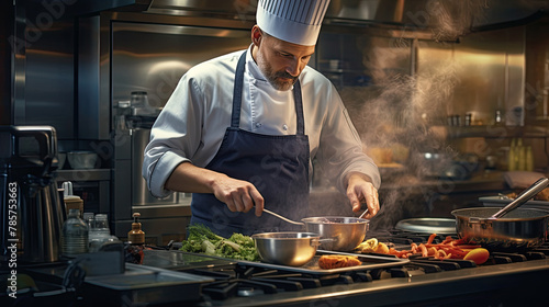 chef preparing food in a large professional kitchen