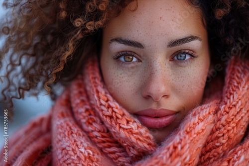A detailed close-up captures a woman's face with freckles, wrapped in a cozy, chunky knit orange scarf against a cold background