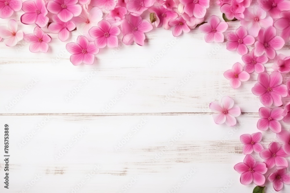 Cluster of vibrant pink flowers against a rustic white wooden background, embodying a shabby chic aesthetic. Cluster of vibrant pink flowers against a rustic white wooden background, embodying a shabby chic aesthetic.