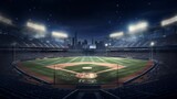 Baseball stadium seen from the bleachers at night.
