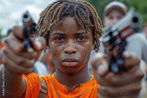 A young person with an intense expression aims two toy guns at the camera, creating a strong visual impact photo