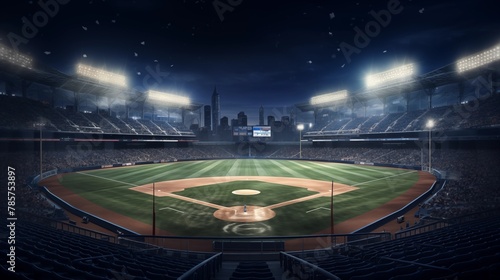 Baseball stadium seen from the bleachers at night.