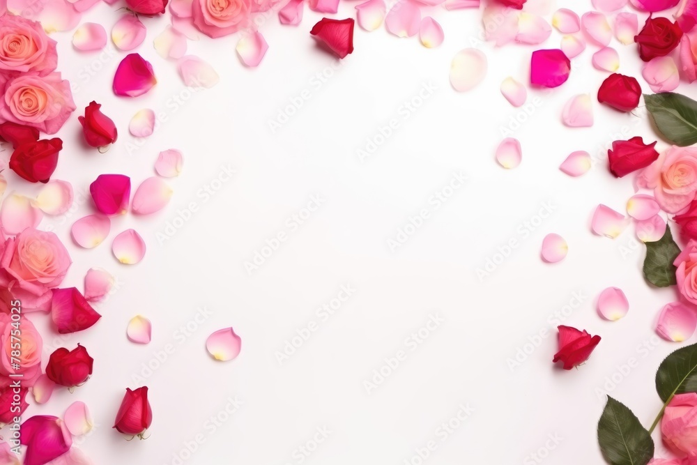Fresh pink and red rose petals and full blooms bordering a white space, perfect for romantic and floral themes. Fresh pink and red rose petals and full blooms bordering a white space, perfect for romantic and floral themes.