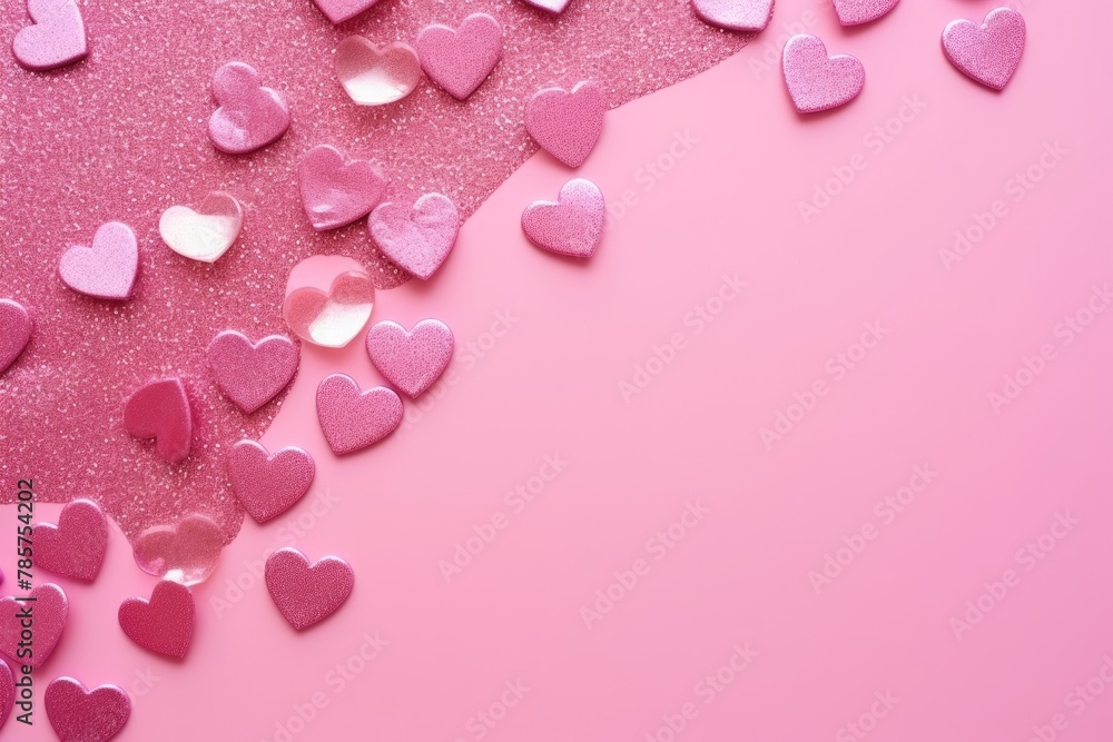 Sparkling hearts and glitter on a pink background, perfect for Valentine's or romantic celebration.