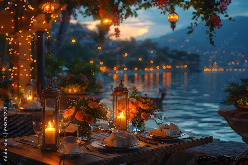 A luxurious dinner table in a pleasant atmosphere. The beautiful scenery makes for a wonderful night. Images like this are often used to post on social media, write blogs or set as wallpaper. A luxurious dinner table in a pleasant atmosphere. The beautiful scenery makes for a wonderful night. Images like this are often used to post on social media, write blogs or set as wallpaper.
