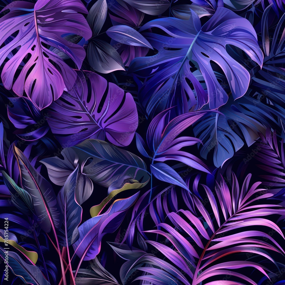 A seamless pattern featuring lush tropical leaves in cool blue and purple tones, capturing the essence of the rainforest A seamless pattern featuring lush tropical leaves in cool blue and purple tones, capturing the essence of the rainforest