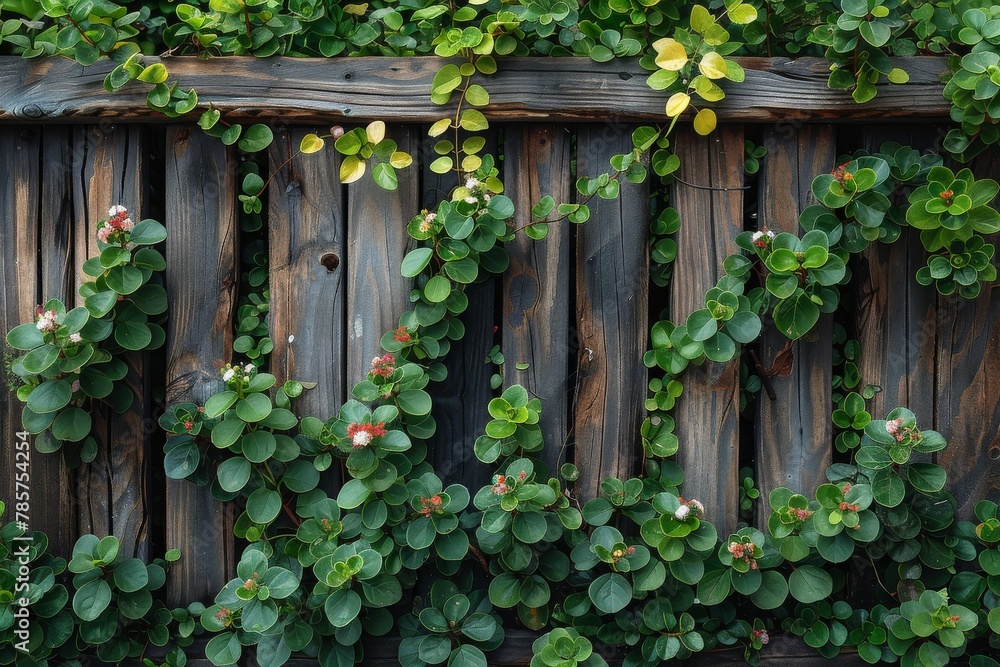 A peaceful and beautiful composition of flowering green leaves covering a seasoned wooden fence