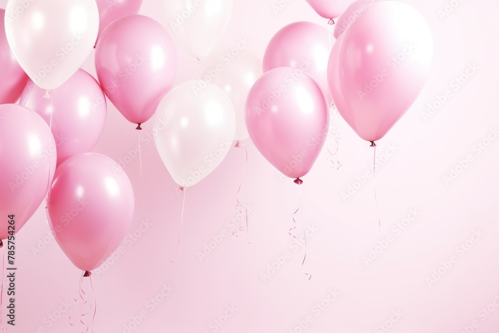 Floating pink and white balloons creating a festive atmosphere on a soft pink background for celebrations.