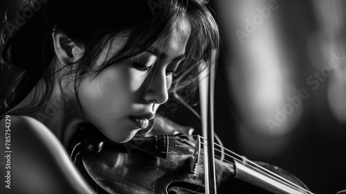 Black and white portrait of a musician playing violin photo