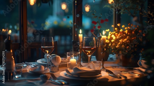 A luxurious dinner table in a pleasant atmosphere. The beautiful scenery makes for a wonderful night. Images like this are often used to post on social media  write blogs or set as wallpaper.