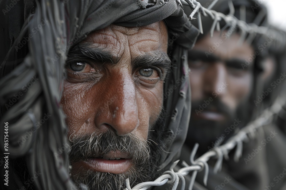 The image captures a rugged-looking man's piercing gaze through a twisted wire fence, hinting hardship