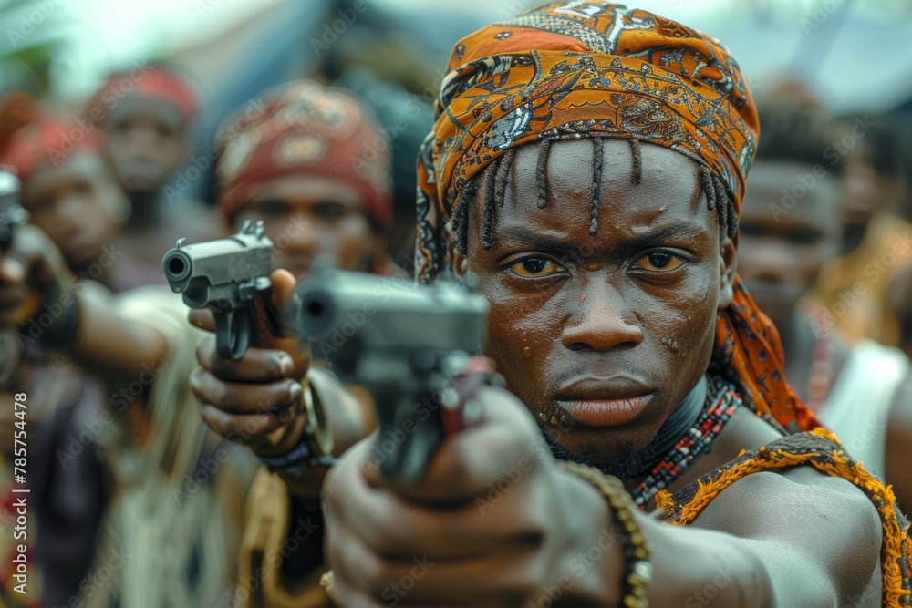 A determined young man in tribal attire points a gun, with a setting that suggests tension and cultural attributes