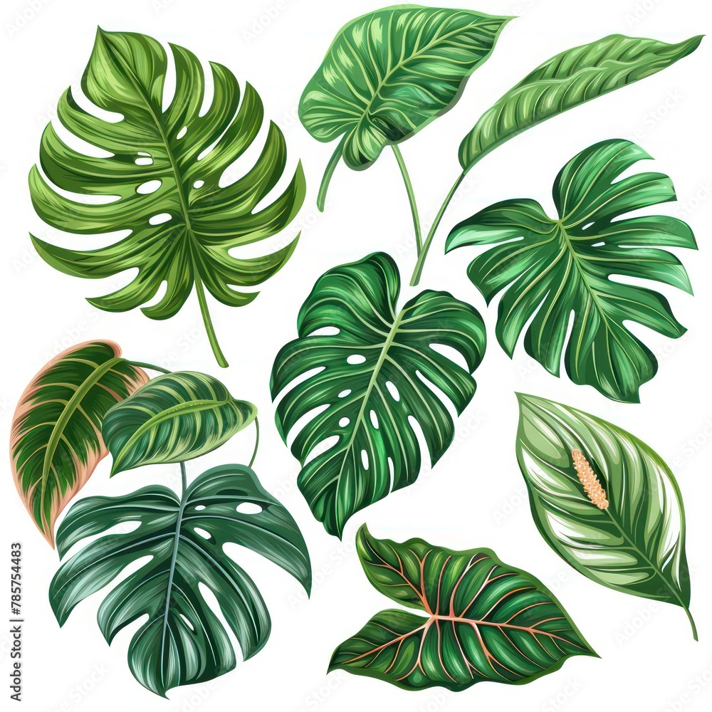 A vibrant collection of various tropical leaves with rich details and realistic shading, capturing the beauty of nature's diverse foliage A vibrant collection of various tropical leaves with rich details and realistic shading, capturing the beauty of nature's diverse foliage