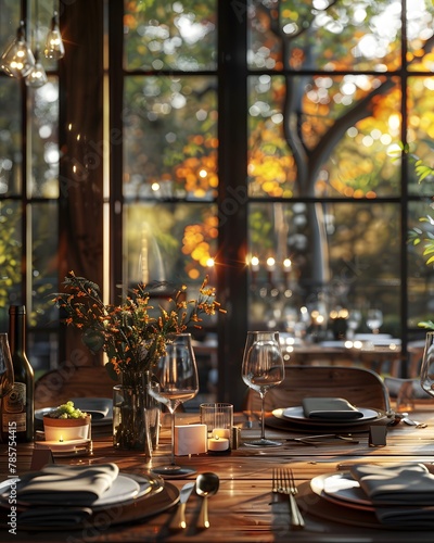 A luxurious dinner table in a pleasant atmosphere. The beautiful scenery makes for a wonderful night. Images like this are often used to post on social media, write blogs or set as wallpaper. © Chanawat