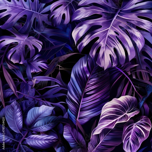 This image features a lush arrangement of tropical leaves in various shades of purple and blue, with a focus on the intricate details and textures of the foliage