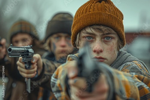 A teen with a gun under snowy weather, portraying seriousness and potential conflict or self-defense photo