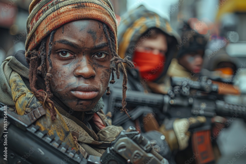 A young fighter with dirt on the face showcases determination alongside peers in a post-apocalyptic world A young fighter with dirt on the face showcases determination alongside peers in a post-apocalyptic world